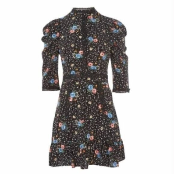 TOPSHOP BLACK STARS FLORAL DRESS SZ 6 MINI SKATER LACE UP BACK 3/4 SLEEVE MOCK - Picture 1 of 9